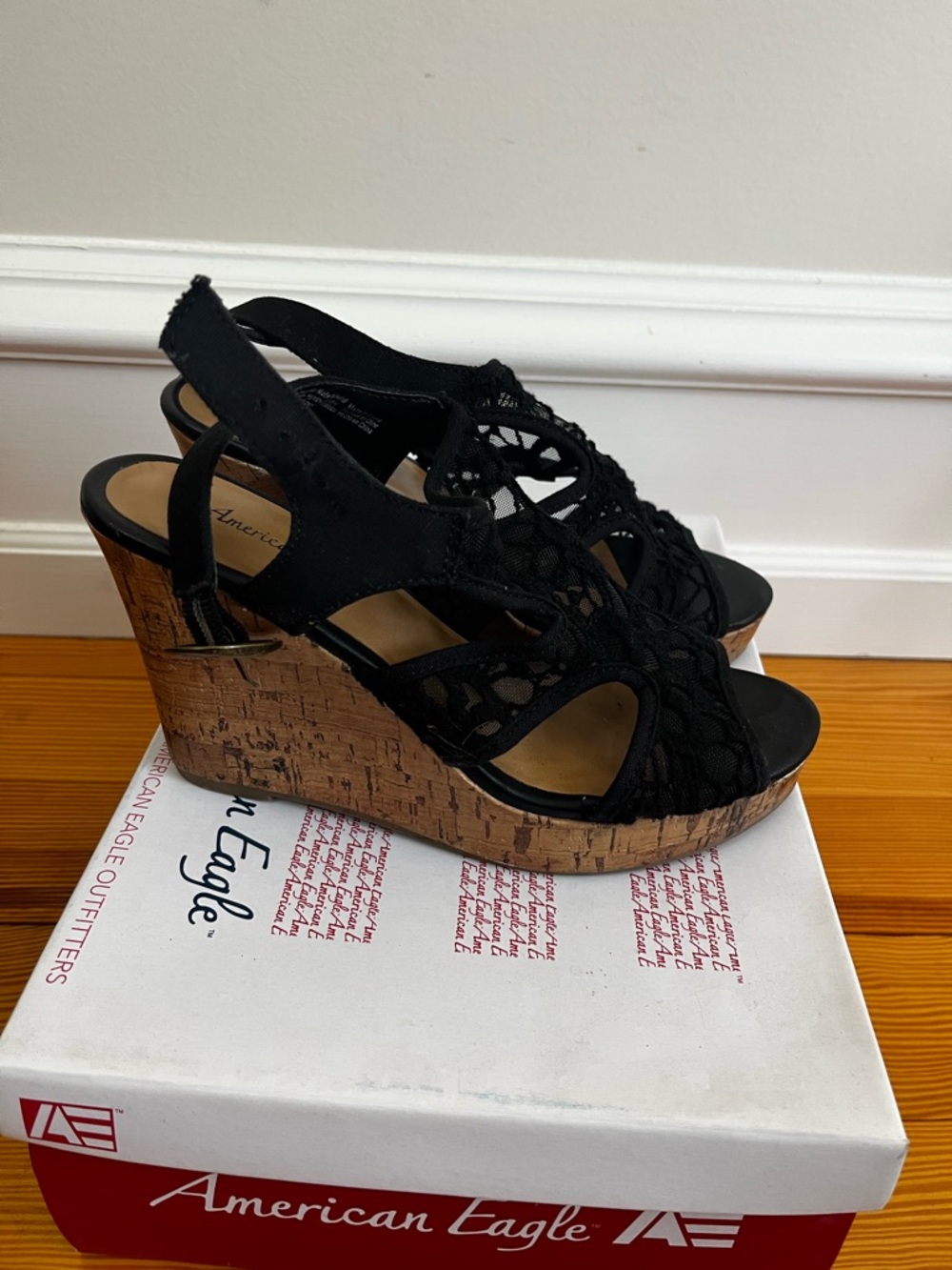 American Eagle Outfitters Black Lace Cork Wedge Sandals